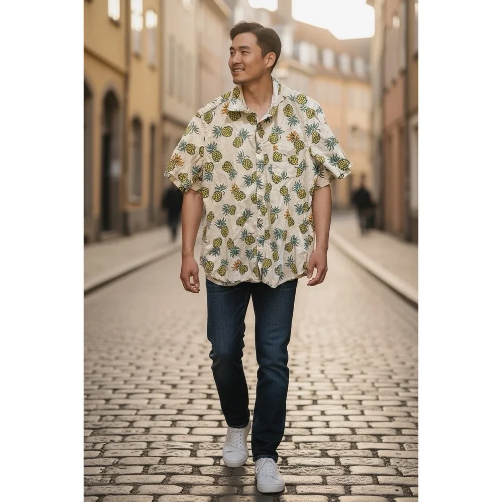 H&M LOGG Pineapple Shirt Mens Large Tropical Button Up Cotton Short Sleeve Summe - Picture 2 of 16
